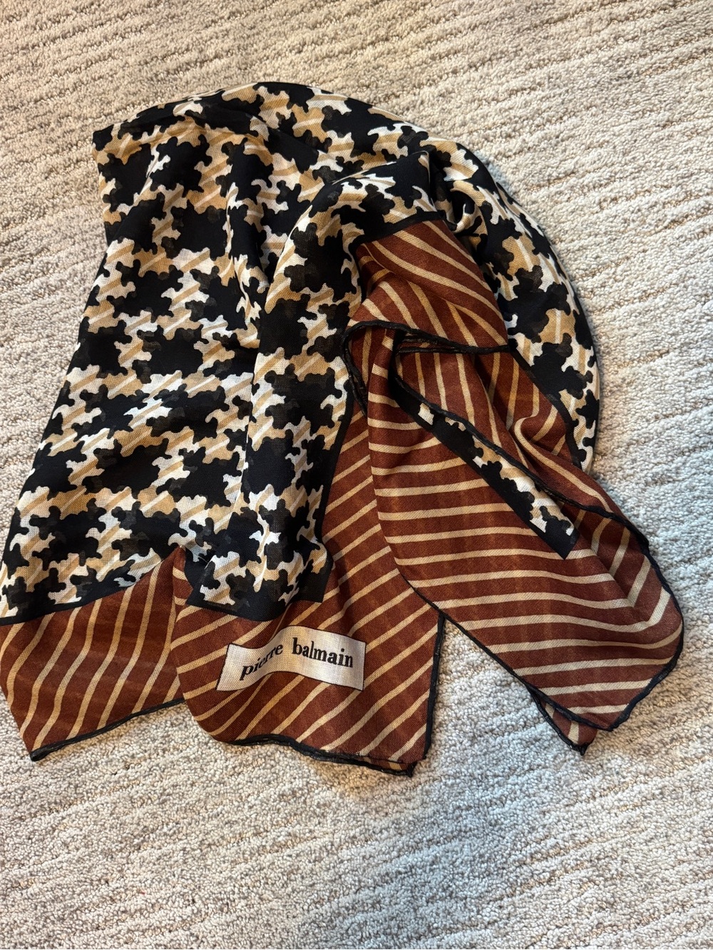 Pierre Balmain Vintage 80s Leopard Brown Black Striped Houndstooth Square Scarf
